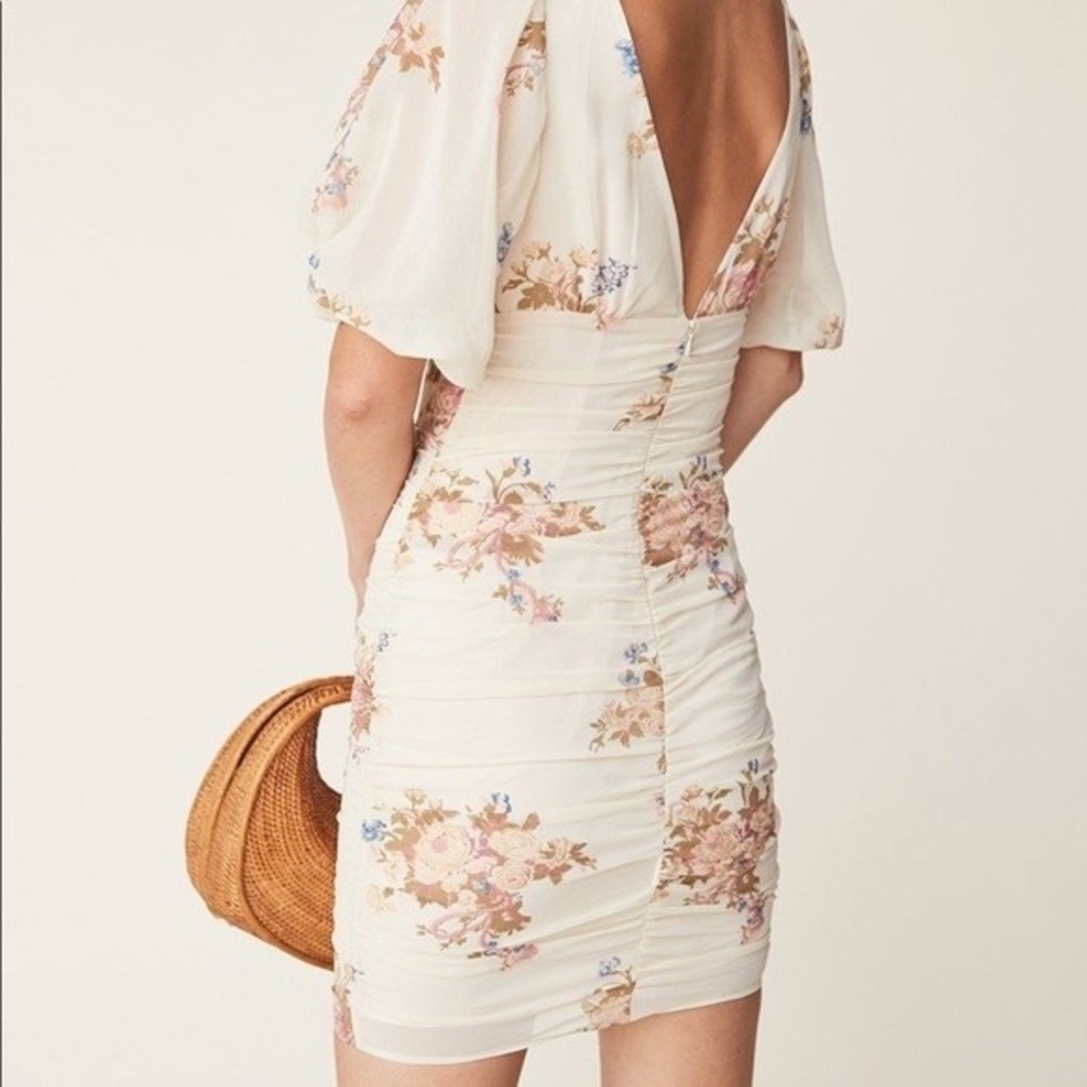 NWT LPA Floral Ruched Mini 694 Dress In Puff Sleeve In Blush Bouquet V-Neck XL - Picture 2 of 6